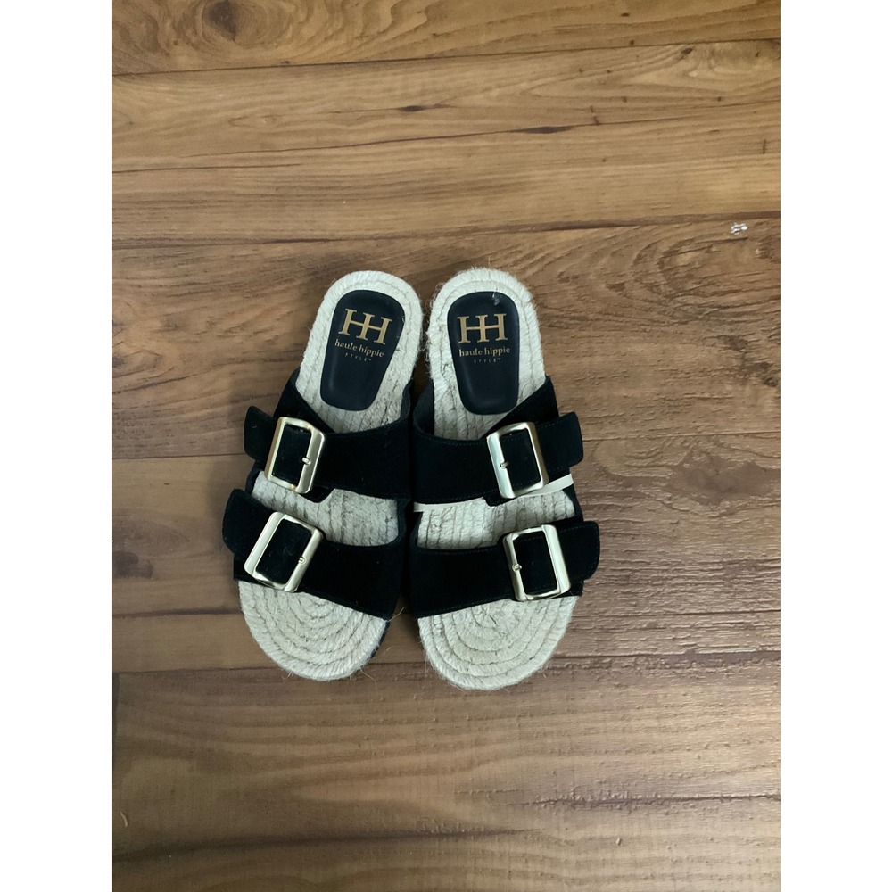 Haute Hippie Nikki Black Leather Espadrille Buckle Slide Sandals 6.5M